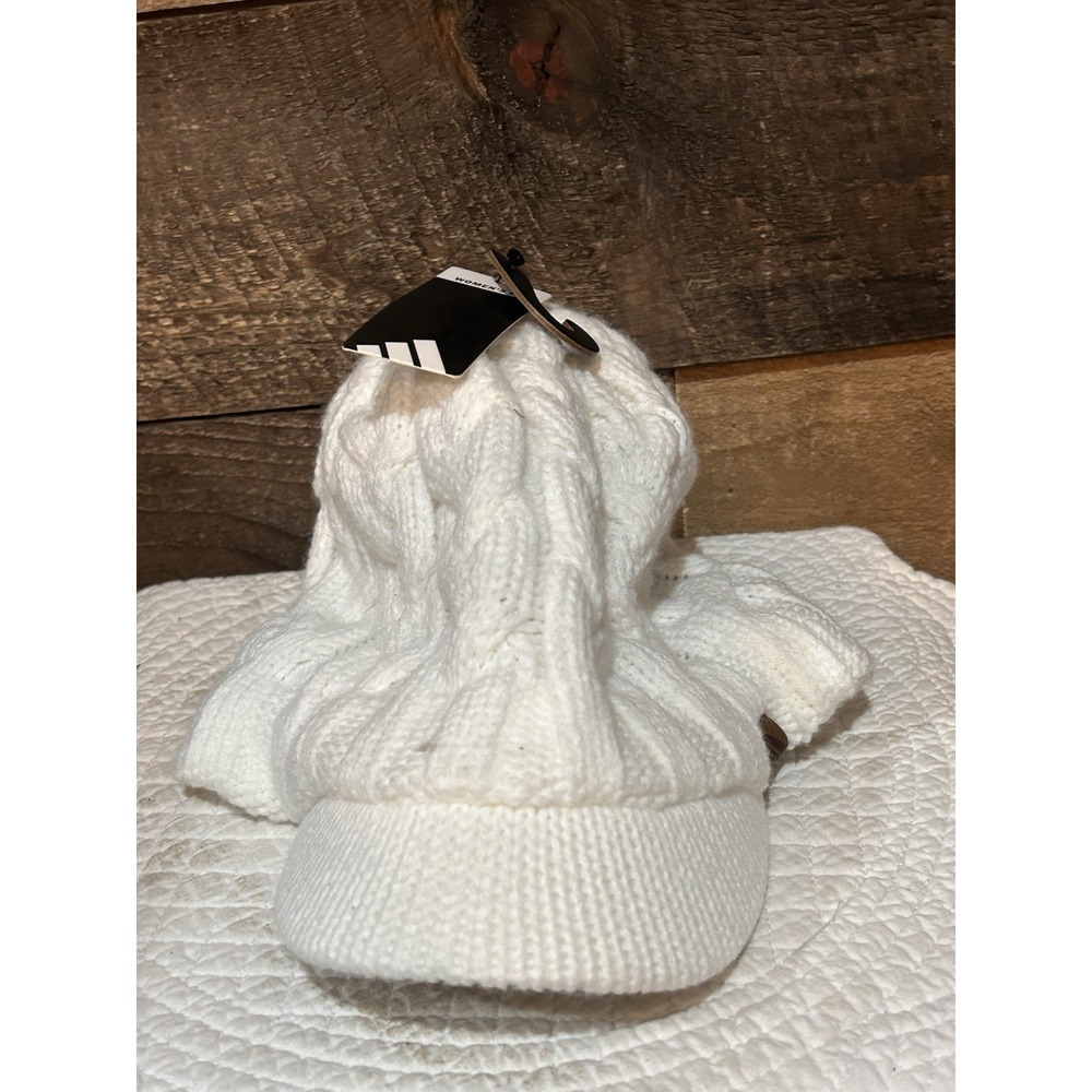 Adidas Beanie Brimmed Cable Knit Womens Fleece Lined Winter White